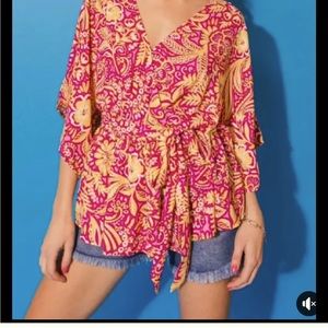 Vibrant Floral Tie-Front Blouse - Pink and Yellow